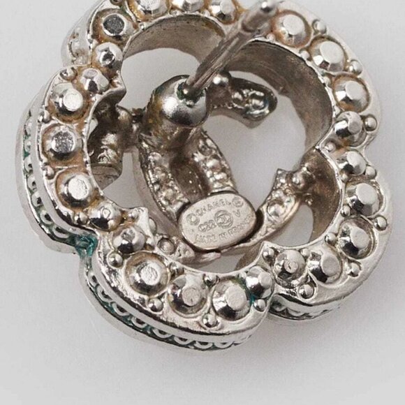 Chanel Silver Metal Crystal Camellia Flower Stud Earrings - Picture 3 of 5